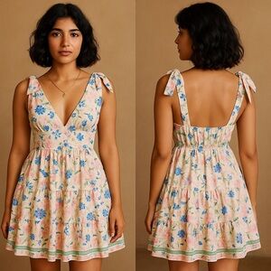 Floral Sleeveless Dress - Blue and Pink